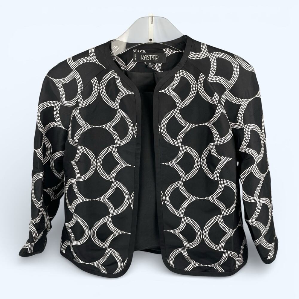 Kasper Women's Open Front Silk Black White Geometric Blazer and Tank Shell sz 4P